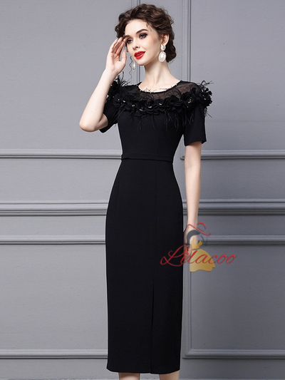 Fuchsia Short Sleeve 3D Flower Mother Of The Bride Dress