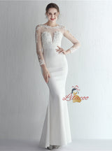 Long Sleeve Mermaid Appliques Prom Dress