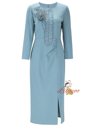 Green Long Sleeve Pleats Split Mother Of The Bride Dress