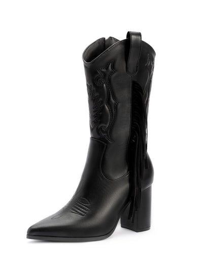 Pointed Embroidered Tassels White Boots