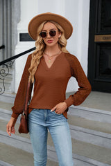 Waffle Lace Stitching Long Sleeve V-neck T-shirt