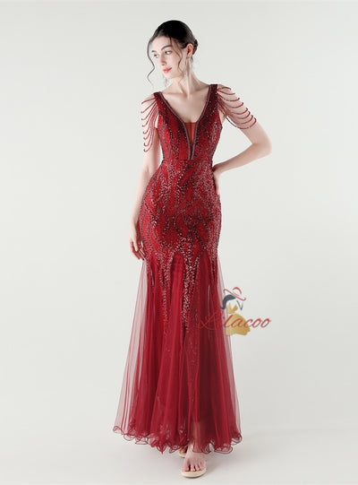 Mermaid Sequins Tulle V-neck Beading Prom Dress