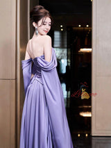 A-Line Purple Off the Shoulder Pleats Prom Dress