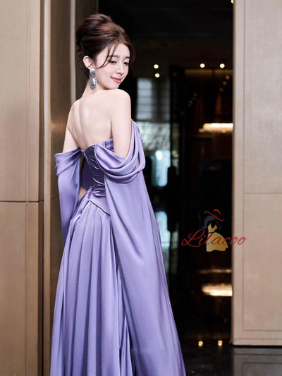 A-Line Purple Off the Shoulder Pleats Prom Dress