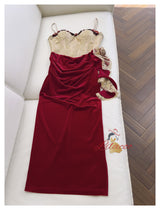 Velvet Lace Straps Pleats Prom Dress