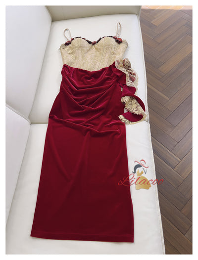 Velvet Lace Straps Pleats Prom Dress