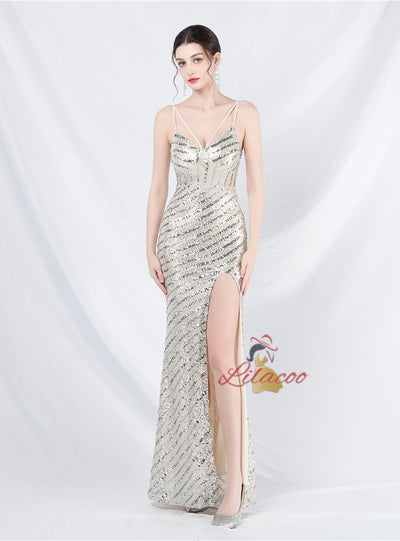Mermaid Sequins Spaghetti Straps Split Prom Dress