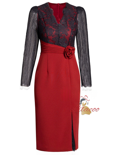 Red Lace V-neck Mother Of The Bride Dress