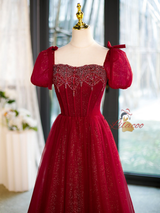 Burgundy Tulle Puff Sleeve Beading Prom Dress