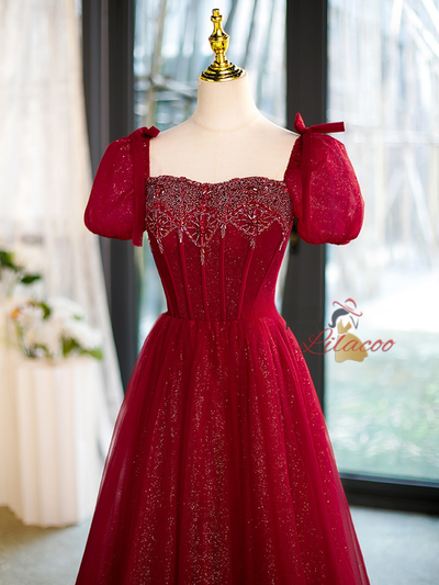 Burgundy Tulle Puff Sleeve Beading Prom Dress