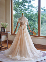 Champagne Tulle Sequins Pleats Butterfly Prom Dress
