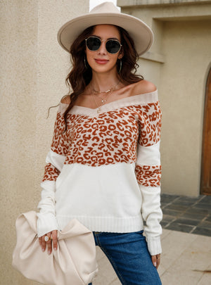 Women V-neck Leopard Sweater