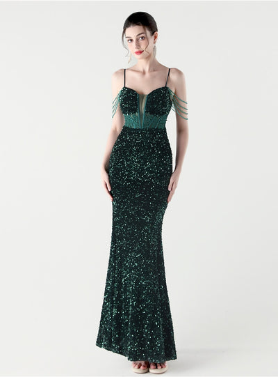 Mermaid Sequins Spaghetti Straps Appliques Prom Dress