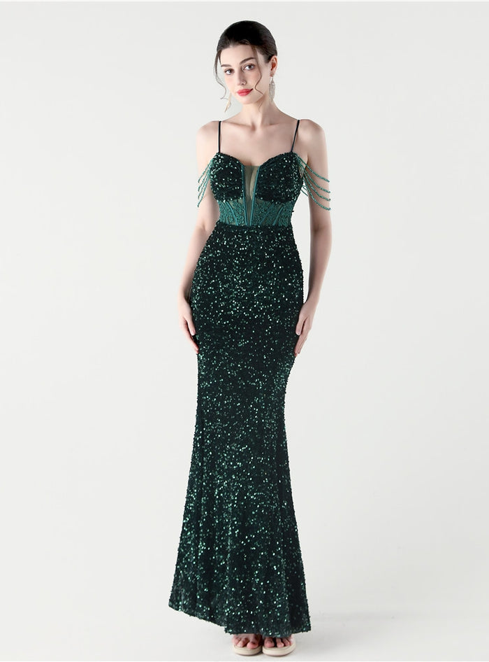 Mermaid Sequins Spaghetti Straps Appliques Prom Dress