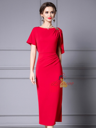 Red Pleats Mother of the Bride Dress