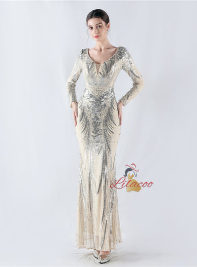 Long Sleeve Sequins V-neck Prom Dress