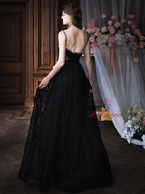 Black Lace Velvet Straps Crystal Prom Dress