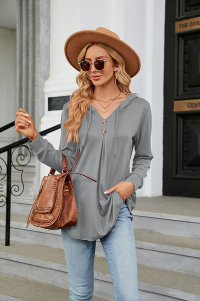 V-neck Button Hooded Loose Long Sleeve Top