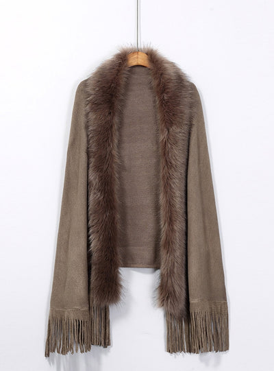 Large Size Fur Collar Fringed Cardigan Shawl Coat