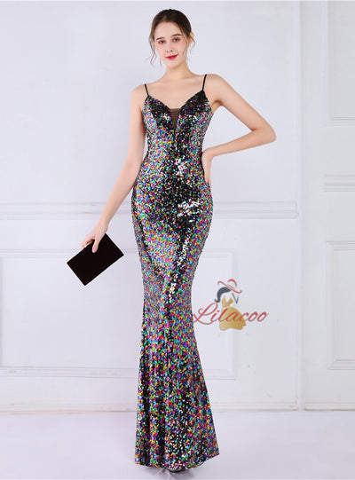 Mermaid Sequins Spaghetti Straps Prom Dress