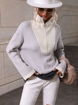 Pullover Color Matching Long Sleeve Zipper Sweater