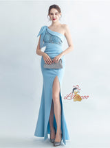 One Shoulder Split Pleats Lace Prom Dress