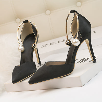 Shallow-mouthed Satin Hollow Pointed Metal Sandals