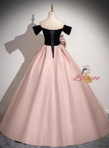 Pink Satin Off the Shoulder Bow Prom Dress