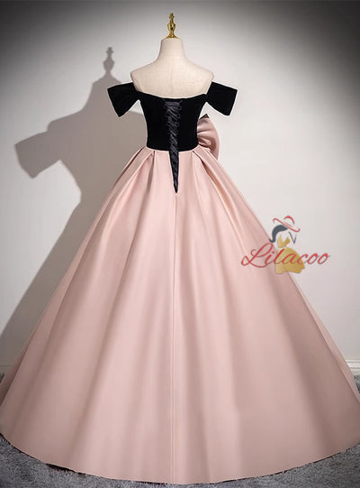 Pink Satin Off the Shoulder Bow Prom Dress