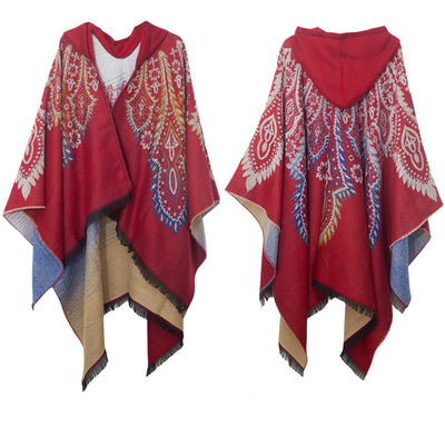 Peacock Jacquard Cashmere-like Hooded Cloak Shawl