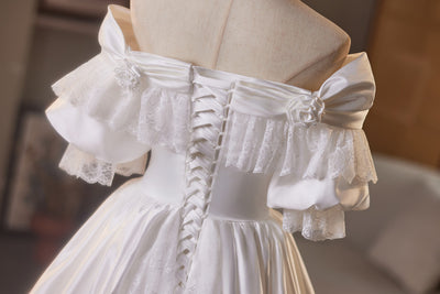 White Satin Off the Shoulder Puff Sleeve Wedding Dress