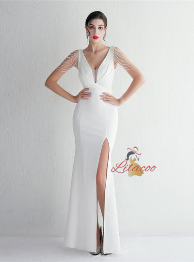 Mermaid V-neck Pleats Beading Prom Dress