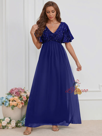 V-neck Sequined Chiffon Dress