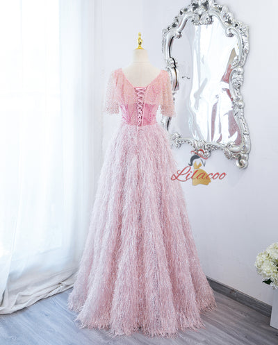 Pink Tassel Sequins Beading Prom Dress