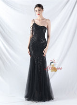 One Shoulder Sequins Beading Prom Dress