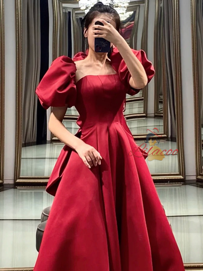 Burgundy Satin Puff Sleeve Prom Dress