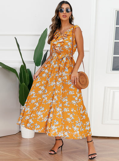 Sexy V-neck Floral Pleated Dress