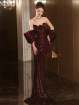 Burgundy Mermaid Pleats Strapless Prom Dress