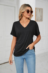 Casual V-neck Solid Color Loose T-shirt