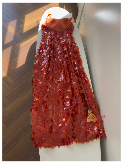 Orange Sequins Straps Long Prom Dress