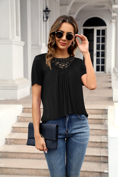 Lace Pleated Short Sleeve T-shirt Shirt