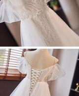 White Lace Tulle Pleats Straps Wedding Dress