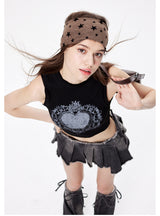 Retro Heart Printed Vest Short Top