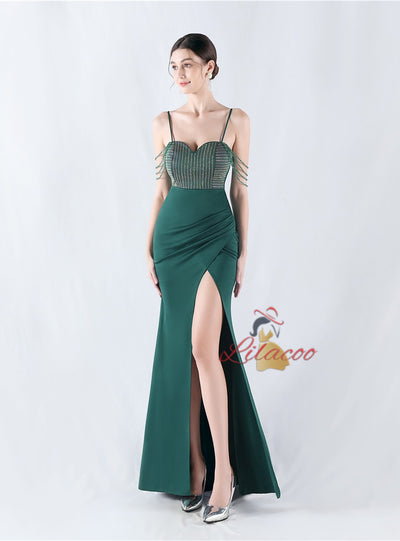 Mermaid Spaghetti Straps Beading Split Prom Dress