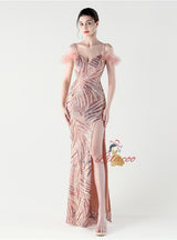 Memraid Sequins Spaghetti Straps Feather Split Prom Dress
