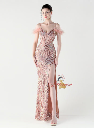 Memraid Sequins Spaghetti Straps Feather Split Prom Dress