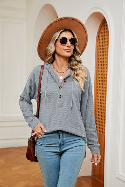 Solid Color Button Long Sleeve Hooded Loose Top