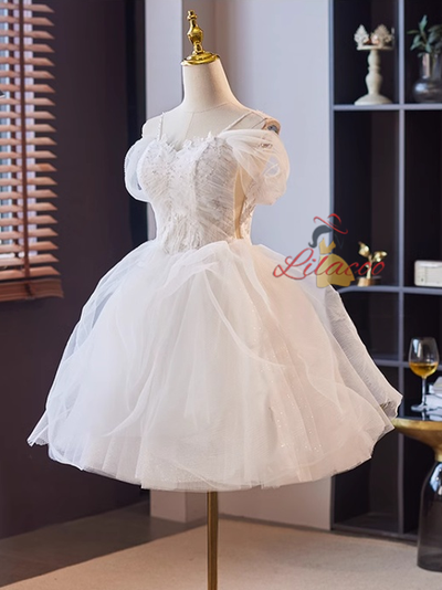 White Tulle Lace Pleats Short Wedding Dress