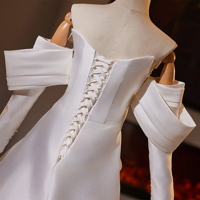 White Satin Long Sleeve Pleats Wedding Dress