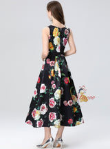 Retro Slim Waist Sleeveless Printed Dress